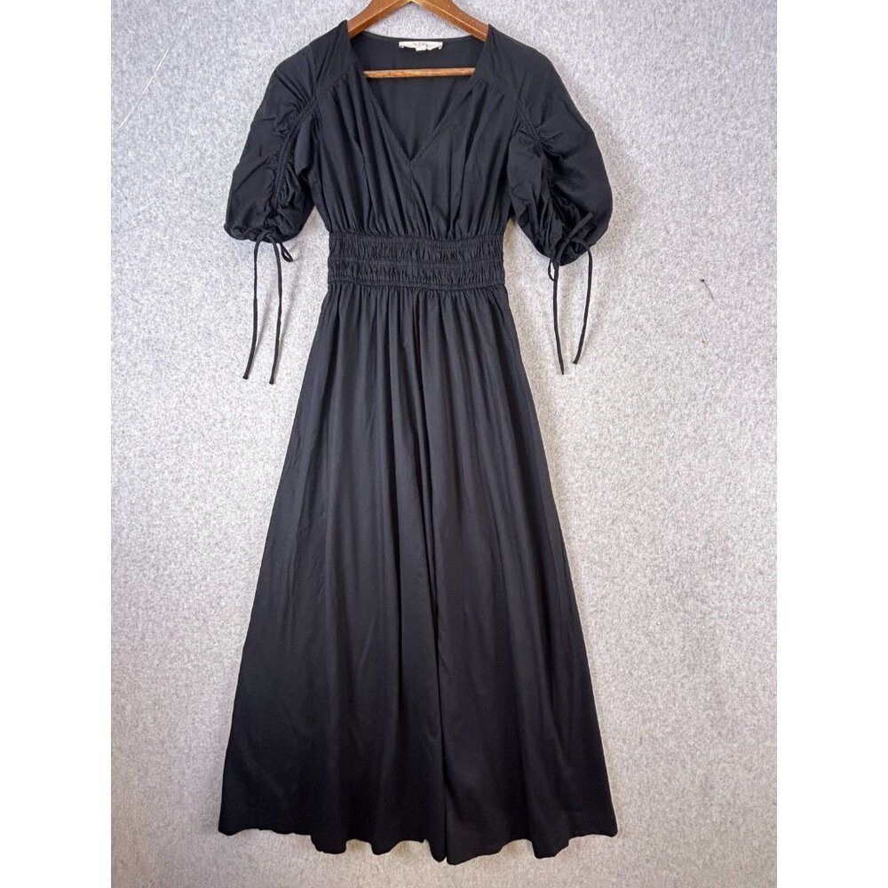 LOFT Maxi Dress Women's XXS Black V-Neck Ruche Pleated A-Line Puff Sleeve